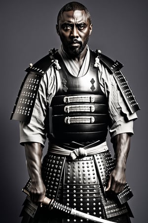 ((1man)),(Idris Elba),Real Photo, monochrome Photo,
, wearing samurai-style armor,mysterious narrow and captivating eyes, traditional Japanese armor reminiscent of a samurai, and a hakama.
Dark skin,, beautiful collarbones,,warrior,samurai,BBM