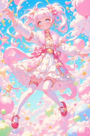 Digital art, anime style illustration, cute magical girl, long seven-color twin-tail hair, blue eyes, white and pink frilly dress, red platform shoes, white thigh-high socks, cheerful expression, arm raised in greeting, floating colorful ribbons, pastel color palette, energy effect with sparkles and stars swirling, magic wand, heart motif, fluffy clouds, bubble-like spheres, candy colored background, soft lighting, cel-shaded, clean line art, vibrant colors, cute aesthetic, dynamic composition, 2D style, high definition, fantasy elements, whimsical atmosphere