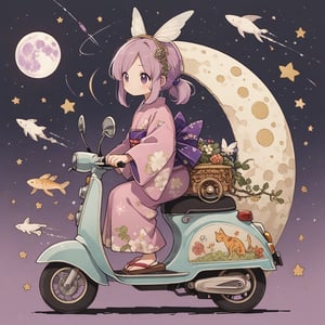 fairy tale illustrations,Simple minimum art, myths of another world,Perfect sky, moon and shooting stars,moon on face, pagan style graffiti art, Kimono girl riding a scooter, hippy van, veichle focus, motor vehicle, no humans, (☆ // purple gradient background:1.3). BREAK top quality, sharp detail, oversaturated, detailed and complex, original work, trendy, vintage, award winning, artint, SFW,artint,starry sky,Anime girl