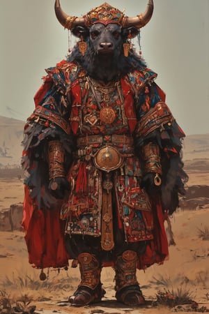 Majestic musk ox wearing vibrant Central Asian folk costume,Elaborate headdress with gold embroidery and dangling coins,Richly colored vest over flowing robe, intricate geometric patterns. Wide belt with large ornate buckle. Embroidered boots. Shaggy fur visible at neck and legs. Proud stance, front view. Backdrop of steppes, yurts in distance. Soft, warm lighting enhancing textile colors. Hyperrealistic fur and fabric textures. Surreal blend of animal and human culture, whimsical yet dignified.,furry