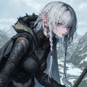 
Extreme detailed,ultra Realistic, beautiful young ELF lady,platinum silver shining hair, long elvish braid, side braid, blue-grey eyes,elf ears, Wearing Celtic leather Armor, hooded cloak, animal fur hood, intricate clothing, animal fur clothing, dark clothing, waistband, scarf, soft smile, bending posture, looking into the distance, snowy mountain scenery, overlooking valley, river, white clouds,