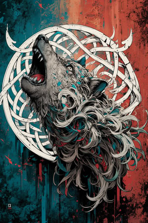 A detailed illustration of a snarling wolf head with its mouth wide open, showing sharp teeth. The wolf's fur is rendered in intricate black and white pen strokes. Behind the wolf's head is an elaborate Celtic knot design in white, intertwining in complex patterns. The background is a textured blend of deep teal blue at the bottom, transitioning to rusty reds and oranges at the top, giving an aged, weathered look. IThe image has a grungy, vintage feel with high contrast between the detailed line work and the muted, textured background. Hyper-realistic details, 8K resolution, dark fantasy 