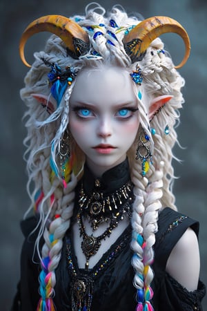 ultra Realistic,1 girl, albino demon girl,(long intricate horns:1.2), Beautiful Blue eyes, with crazy alternate hairstyle, amazingly intricately (dreadlocks) hair,colorful color hair, each braid painstakingly created,decorated with delicate accessories and beads, hair dark gold and black in color,aesthetic,Rainbow haired girl ,ct-niji2,Beautiful