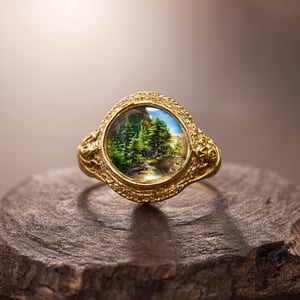 magic Ring,beautiful golden ring,Beautifully carved ring arm,
A stunning ring adorned with an exquisite gem,within the mesmerizing depths of the gem, a fantastical forest range unfolds, casting an ethereal allure, intricate details of the ring and the miniature landscape within the gem create a captivating piece that seamlessly blends elegance and imagination.