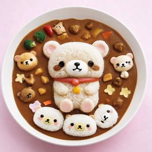 (From Above), Japanese Curry Rice, cozy scene unfolds within the curry rice as the adorable bear, Rilakkuma, peacefully slumbers. This creative dish features a carefully crafted,
charming character,
(Masterpiece, Best Quality, 8k:1.2), (Ultra-Detailed, Highres, Extremely Detailed, Absurdres, Incredibly Absurdres, Huge Filesize:1.1), (Photorealistic:1.3), By Dr.Maehara, Portrait, Ultra-Realistic Illustration, Digital Painting. ,fat,kawaiitech,