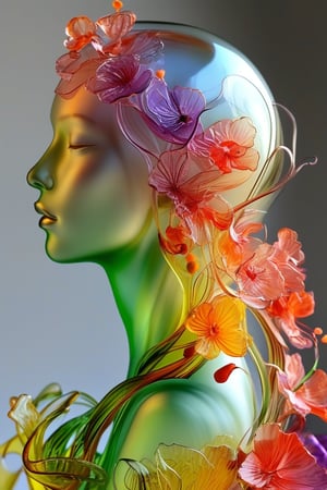 "A translucent glass bust of a woman, exquisitely crafted with smooth, flawless surfaces. The sculpture captures delicate facial features, a graceful neck, and the curve of shoulders. Inside the hollow form, a mesmerizing array of mystical flowers blooms, filling the entire interior. These ethereal blossoms radiate in seven distinct colors - vibrant red, warm orange, sunny yellow, lush green, deep blue, rich indigo, and royal purple. The flowers seem to float and gently swirl within the confines of the glass, their petals and stems creating intricate patterns. Soft, multicolored light emanates from within, causing the glass to glow and creating a prism-like effect on nearby surfaces. The contrast between the clear, solid glass and the vibrant, seemingly alive interior creates a captivating juxtaposition.,hyperrealistic