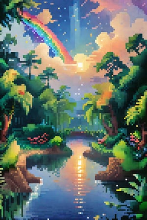 The gradation of the waterside where you swim in the light, Embrace the bright rainbow floating in the sky, Goodbye star, Can you see this world too? Is there a dream beyond this sky? Our thoughts and feelings as we run begin to turn into a precious melody,pixel style
