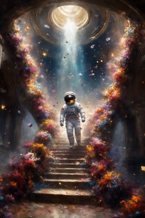 1 man,Astronauts surrounded by flowers, Colorful flowers falling like a waterfall, a flood of petals, astronauts landing on a flower star,staircase,astronaut_flowers