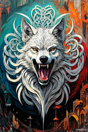 A detailed illustration of a snarling wolf head with its mouth wide open, showing sharp teeth. The wolf's fur is rendered in intricate black and white pen strokes. Behind the wolf's head is an elaborate Celtic knot design in white, intertwining in complex patterns. The background is a textured blend of deep teal blue at the bottom, transitioning to rusty reds and oranges at the top, giving an aged, weathered look. IThe image has a grungy, vintage feel with high contrast between the detailed line work and the muted, textured background. Hyper-realistic details, 8K resolution, dark fantasy,surrealportraits