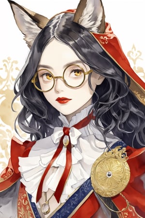 
1girl, with morbidly pale skin, fox-eared, long black sauvage hair, and a cold orange eyes,luxury gold glasses with glass cord,red lipstick, A frilly ribbon is wrapped around her narrow neck. The girl is wearing a velvet and brocade heraldic surcoat worn by male aristocrats.,Tekeli,black hair,portrait,monocle