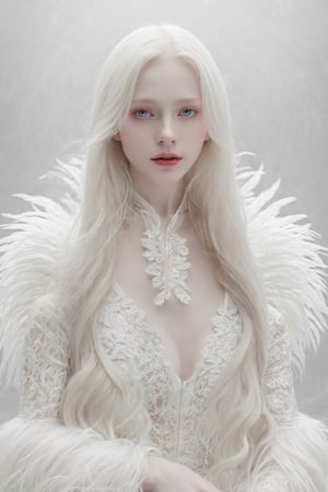 (best quality, 4k, 8k, highres, masterpiece:1.2), A creepy yet intriguing digital illustration portrait of a albino pale young girl, pure white hair,
psychedelic long hair, She wears a seductive white lace outfit with white fur accents, embodying the essence of allure and sensuality, ,valent_1314