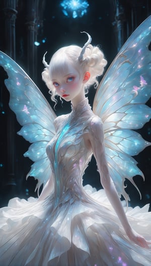 1girl, (masterpiece), stunning hybrid girl,  albino fairy and an albino demon girl,Pure white white pigtails,
blur background, sharp focus, albino demon girl,slit pupil eyes,Intricate Iris Details their ethereal beauty blending seamlessly to create a mesmerizing presence. Adorned in a shimmering gown that seems to radiate with otherworldly light, this unique being captivates all who behold her. Her delicate wings, reminiscent of both fairy wings and demonic appendages, flutter gracefully as she moves, adding to her enchanting allure. Despite her mixed heritage, there is a harmonious balance to her appearance, evoking a sense of wonder and admiration in all who gaze upon her.",Butterfly Style