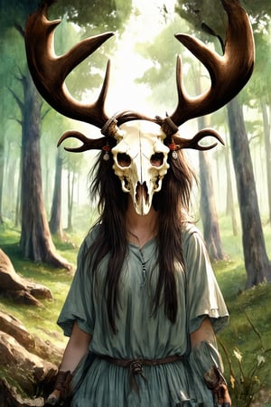 fairy tale illustrations, myths of another world, general, forest ruin background, 1girl, shaman, wearing moose skull headdress, detailed facial features, facial tribal markings,  cinematic photography, masterpiece, best quality, very aesthetic, absurdres, ultra-detailed,Watercolor,flat