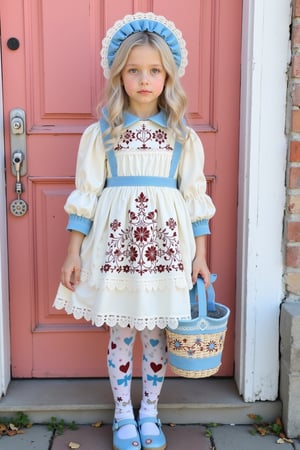 Sweet Lolita coordinate with Nordic/folk art influence. Young girl wearing cream and blue Lolita dress with detailed folk embroidery patterns. Dress features puff sleeves, lace-trimmed bodice, and full circle skirt with decorative apron panel. Intricate details include:

Main dress elements:
- Cream base color with blue ribbon and bow accents
- Embroidered folk art flowers and patterns in burgundy
- White lace trim on hemline, sleeves, and apron
- Puff sleeves with elastic gathering
- Full circle skirt with petticoat underneath
- Decorative apron panel with heart and floral motifs
- Matching bonnet with lace trim and ribbons

Accessories:
- Matching basket bag with ribbon and floral decorations
- Over-knee stockings with folk pattern print in blue
- blue and cream Mary Jane shoes with bow details
- Silver-blonde wavy hair styled with slight curls
- Natural makeup with rosy lips and cheeks

Background:
- Standing against coral pink wooden door
- White painted door frame
- Rustic Nordic aesthetic

Professional Lolita fashion photography with soft natural lighting enhancing the vintage, storybook quality. High detail on fabric textures, embroidery, and lace elements. Nordic/folk art influence visible in pattern choices and color scheme.,ct-vlaoba,aidmafemalecosplay