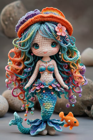 1girl,Crocheted doll,colorful hair, serene underwater palace, unfolds before us, illuminated by soft, shimmering light. A majestic mermaid, her azure scales glistening like polished gemstones, o. Her long flowing blue hair cascades down her back, adorned with lustrous pearls that seem to glow in harmony with the iridescent tail fins that undulate behind her, its swirling patterns echoing the intricate textures of the coral reef surrounding her. The entire scene is captured in ultra-sharp detail, inviting us to linger amidst the vibrant fish and colorful sea anemones.,Rainbow haired girl ,chibi