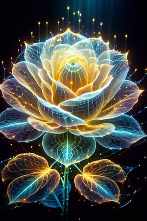 In the dim shadows,hologram dahlia of shimmering gold bursts forth, each petal aglow with an ethereal luminescence, Its radiant hue casts a warm, inviting glow, infusing the surrounding darkness with a touch of celestial splendor, With each delicate fold, the flower emanates a soft, pulsating light, ,noc-wfhlgr,Color Splash