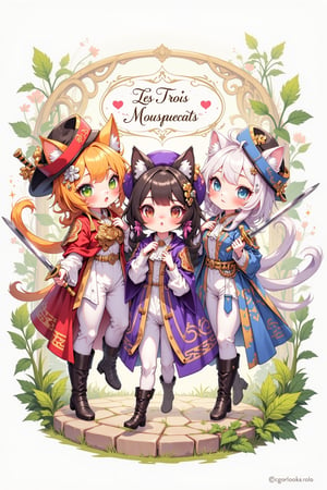 Cute anime-style illustration of three cat girl musketeers. Anthropomorphic feline characters with human bodies and cat ears, tails. Each girl wears a unique, colorful musketeer outfit: plumed hats, ruffled shirts, capes, and boots. First musketeer: orange tabby features, green eyes, red outfit. Second: black fur, yellow eyes, blue outfit. Third: white fur, blue eyes, purple outfit. All hold rapiers playfully. Whimsical expressions, mix of elegance and mischief. Background: stylized French château garden. Soft, pastel color palette. Chibi proportions: large heads, big eyes, small bodies. Fluffy tails peeking from beneath capes. Whiskers and pink noses visible. Sparkles and heart effects for added cuteness. Dynamic poses showing unity and friendship. Combination of 17th century and modern kawaii aesthetics. Detailed fabric textures on outfits. Logo 'Les Trois Mousquecats' in fancy script.