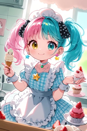 1girl,vtuber anime character design,
adorably kawaii girl cooking in a pastel pink kitchen. She wears a puffy-sleeved dress with a heart-patterned, frilly gingham apron in baby blue and white. Her rosy cheeks dimple as she smiles sweetly, eyes sparkling like stars. Fluffy pigtails tied with oversized polka-dot bows bounce as she stirs a bowl. Colorful, star-shaped sprinkles float magically around her. She wears strawberry-shaped earrings and a cupcake necklace. The kitchen is decorated with smiling anthropomorphic utensils and appliances. A happy sun peeks through heart-shaped windows. Pastel rainbow-colored cupcakes cool on the counter. Tiny, kawaii animals in chef hats assist her,

LOVE+PIECE+ICECREAM! The fancy I'm looking for all over the world Holding a sweet,
 melting miracle in your hands LOVE...CHOP!! ,
L・O・V・E・&・P・E・A・C・E・& Our HOT and COOL DIVA！,
HEY! You KNOW! Ice cream! How great! Mellow and Glow LIKE A Fever！
 Kissable and solid flavor！,
 fighting is NO-GOOD!
 Topping strawberry with love Boring! 
The important thing is These are the three things I'm going to tell you!,………LOVE+PIECE+ICECREAM！
,anime style,anime girl,future0615