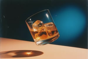 Whiskey glass floating on smooth gradient background, slightly tilted floating glass, clear curved glass tumbler filled with amber whiskey and large ice cubes, rich honey brown amber colored whiskey, large square ice cubes with slight melting effect and internal crack pattern, background featuring precise gradation from deep night black to deep royal blue to soft peachy beige with seamless transition,#oldism,Polaroidx