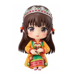 chibi,nendoroid,Moroccan tradition clothe,1girl, a stunning photo with beautiful saturation, ultra high res, best quality, masterpiece), highly detailed, ((full body)),, looking at viewer, knee, warm smile,3D MODEL, full body, chibi,cute, (white pure background), white theme, simple backgroup,Adrr-tsfft,lyh_nendo