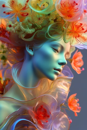 "A translucent glass bust of a woman, exquisitely crafted with smooth, flawless surfaces. The sculpture captures delicate facial features, a graceful neck, and the curve of shoulders. Inside the hollow form, a mesmerizing array of mystical flowers blooms, filling the entire interior. These ethereal blossoms radiate in seven distinct colors - vibrant red, warm orange, sunny yellow, lush green, deep blue, rich indigo, and royal purple. The flowers seem to float and gently swirl within the confines of the glass, their petals and stems creating intricate patterns. Soft, multicolored light emanates from within, causing the glass to glow and creating a prism-like effect on nearby surfaces. The contrast between the clear, solid glass and the vibrant, seemingly alive interior creates a captivating juxtaposition.,hyperrealistic