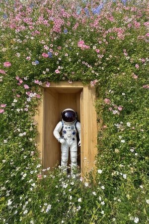 fisheye lens,
a beautiful flower field, with vibrant blooms stretching as far as the eye can see,Person on the other side of the door, Astronaut,(close Visor),
Nestled among the flowers is an unexpected sight a wooden door, clearly made of lightweight material like cardboard or balsa wood, standing upright amidst the blossoms. Despite its humble construction, the door is adorned with intricate carvings and painted with vivid colors, adding to its whimsical charm,astronaut_flowers