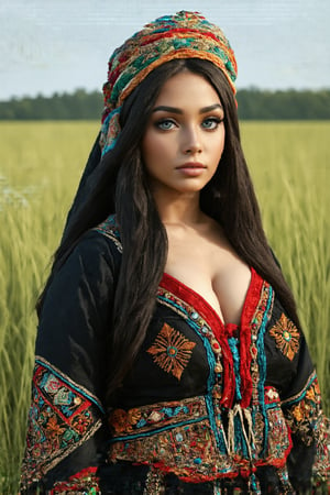 Super detailed, super realistic,beautiful african girl,Curvy body,
She wears old folk costume, long straight black hair,
colorful maria-veil on head,Yakuts folk costume of Siberian minority, beautiful crystal blue eyes, almond eyes, Slouching position, cleavage,intricate textile decorated with colorful and intricate geometric patterns,  decorative embroidery, clothes in earth colors such as black, red and green,beautiful reed meadow landscape,photo realistic 