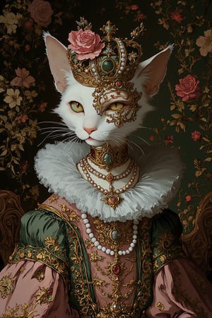 Hyper-realistic portrait of a regal cat in elaborate Gothic-Renaissance style attire, set against an ornate floral background,

Cat features:
- White fur with subtle tan markings on ears,
- Piercing green eyes, one partially covered by a mask,
- Pink nose and whiskers,

Headpiece:
- Intricate golden mask covering right eye, adorned with emerald and ruby gems,
- Ornate crown with pearls, golden leaves, and jewels,
- Large pink rose centerpiece,

Neck attire:
- Oversized white ruffled collar (Elizabethan style),
- Multiple strands of pearl necklaces,
- Golden pendant with floral design,

Clothing:
- Rich pink and green Renaissance-style gown,
- Lace and golden embroidery details,

Background:
- Lush, dark floral pattern with swirling designs,
- Predominantly green and pink hues, matching the cat's attire,
- Intricate, painterly style reminiscent of baroque textiles,

Overall mood: Opulent, whimsical, and slightly surreal, blending feline grace with historical fashion in a richly detailed composition.,lyh_niji