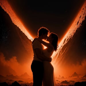 ultra Realistic, Extreme detailed,
Two lovers intertwined in a passionate embrace, their silhouettes illuminated by a warm, orange glow, in the form of a Heart,
Collapsing Asteroids background