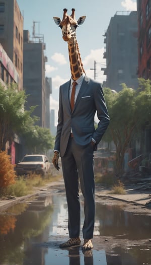 A beautiful Giraffe,((Giraffe wearing a business suit)), in a dystopian post-apocalyptic colorful city overgrown with vegetation, reflective puddle, bright sunny day, realistic, highly detailed, 8k, cinematic lighting, octane render
