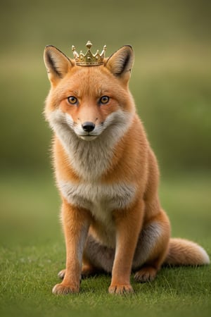 ultra Realistic,fox,On a grassy plain, a majestic fox sits atop a rocky outcrop, exuding regal grace, The fox king of the prairie, ((small crown:1.5)),(wears a small crown upon its head:1.5), symbolizing its royal status. Its fur is a blend of earthy tones, blending seamlessly with the natural landscape. With piercing eyes that seem to hold ancient wisdom,Animal Verse Ultrarealistic 