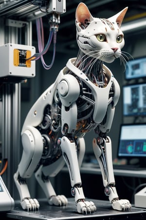 a cyborg cat being produced by a colossal 3D printer. Envision the intricate details as the cybernetic elements are seamlessly integrated into the feline form. Emphasize the technological and futuristic aspects of the scene, with the 3D printer in action and layers of cyber enhancements taking shape. Consider a dynamic composition that showcases both the advanced technology and the whimsical combination of a cat and cybernetics.",Robot factory