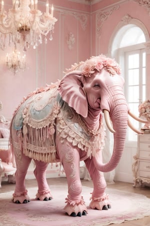 Picture a mammoth transformed into a Pink Lolita masterpiece. Its massive frame draped in layers of frilly lace and satin ribbons, with delicate bows adorning its tusks and trunk. The mammoth's fur is dyed in soft pastel shades of pink and White, lavender, and baby blue, creating a whimsical and enchanting appearance. As it roams through the prehistoric landscape, the Pink Lolita mammoth radiates charm and elegance,