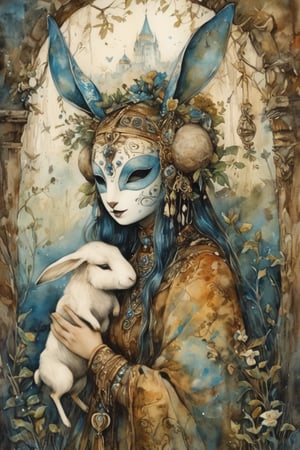 fairy tale illustrations,Simple minimum art, 
myths of another world,
pagan style graffiti art, aesthetic, sepia, ancient Russia,(holy bard),
A female shaman,(wearing a rabbit-faced mask),nodf_xl, in the style of esao andrews,rabbit kissing sheep,
watercolor \(medium\),jewel pet