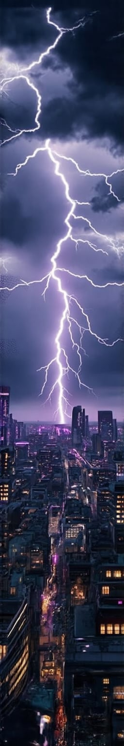 Cloudy sky, dark clouds, lightning,
A gigantic lightning bolt,
cyber city, purple light,huge city
