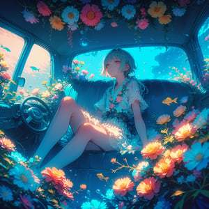 Simple minimum art, myths of another world,
pagan style graffiti art, aesthetic,
1boy, interior of an old car, many beautiful blooming flowers, the car covered with plant vines, the interior of the car, a boy sitting in the car, the car is sunk at the bottom of the sea, beautiful flowers and coral reefs, many jellyfish surround the boy, flower car, in car,anime,underwater,emo,dal-1