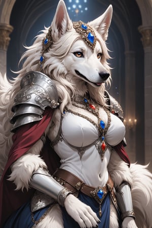 Extreme detailed,HENTAI anime style,
very long White hair beautiful borzoi aristocratic woman,(very long dog nose:1.2),((Fur skin)),long eyelashes,wears many ornaments,elegance and beautiful  borzoi Dog,
Wearing luxury Maximilian Armor,large Breast,
l ,aw0k euphoric styleMagical Fantasy style,Qftan,knight,anthro,dal