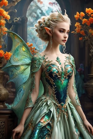 alabaster skin, mystical being, born of the union between a dragon and an elf girl,elf ears,Dragon inspired dress,extraordinary creature exhibits both draconic and elven features, blending the elegance of the elves with the majestic presence of dragons, Its scales might shimmer with ethereal colors, and its pointed ears,,DonM3lv3sXL,Disney pixar style