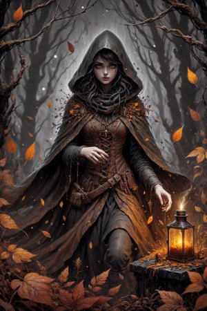 girl wizard, made out of autumnal foliage and plants, cloak made out of brown moss and dark leather forming intricate patterns, toxic spellcraft bottle, dark moody universe background with all manner of autumnal colored plant matter in the background, insanely,ebonygold,SelectiveColorStyle,LegendDarkFantasy