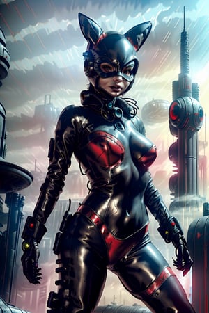 1girl,catwoman,(((Solo))),(catwoman wearing  a Cyber  bunny suit),CATwoman MASK,
SUPER futuristic Cyber bunny suit,metallic red and White color suit,lblack OLD western hat,lot gadgets,large breasts
outdoor,in wasteland
