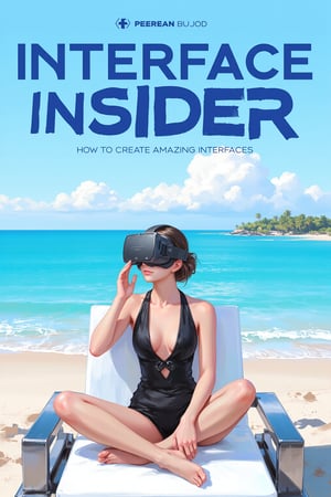 Magazine cover design. Young woman in a stylish swimsuit sitting on a futuristic beach chair. Wearing a sleek, high-tech VR headset covering her eyes. Relaxed pose, one hand adjusting the headset. Vibrant blue ocean and sunny sky in background. Large bold text at top: "INTERFACE INSIDER". Smaller text below: "How to Create Amazing Interfaces". Modern, clean layout with tech-inspired graphics. High contrast, vivid colors. Photorealistic style, sharp details. 8K resolution, professional lighting.,dal style