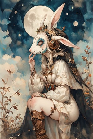 fairy tale illustrations,Simple minimum art, 
myths of another world,Perfect sky, moon and shooting stars,moon on face,
pagan style graffiti art, aesthetic, sepia, ancient Russia,(holy bard),
A female shaman,(wearing a rabbit-faced mask),nodf_xl, in the style of esao andrews,rabbit kissing sheep,
watercolor \(medium\),jewel pet,acidzlime,emo,ruanyi0315,white leotard,high heel boots,papal hat