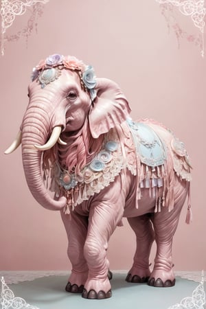 Picture a mammoth transformed into a Pink Lolita masterpiece. Its massive frame draped in layers of frilly lace and satin ribbons, with delicate bows adorning its tusks and trunk. The mammoth's fur is dyed in soft pastel shades of pink and White, lavender, and baby blue, creating a whimsical and enchanting appearance. As it roams through the prehistoric landscape, the Pink Lolita mammoth radiates charm and elegance,