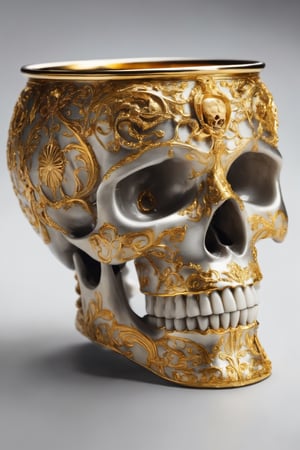 Imagine a skull-shaped cup adorned with intricate golden embellishments, evoking an aura of mystery and intrigue. Crafted from gleaming gold, its hollow eye sockets and toothy grin exude an eerie charm. Delicate patterns of filigree and ornate engravings cover its surface, hinting at ancient rituals and arcane knowledge. Whether used for ceremonial purposes or as a vessel for potent concoctions, its golden sheen casts a mesmerizing glow, commanding attention and inspiring awe. Symbolizing the juxtaposition of life and death, the skull cup serves as a potent reminder of mortality's embrace, while also celebrating the richness and opulence of the human experience.,skll