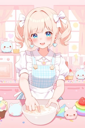 1girl,vtuber anime character design,
adorably kawaii girl cooking in a pastel pink kitchen. She wears a puffy-sleeved dress with a heart-patterned, frilly gingham apron in baby blue and white. Her rosy cheeks dimple as she smiles sweetly, eyes sparkling like stars. Fluffy pigtails tied with oversized polka-dot bows bounce as she stirs a bowl. Colorful, star-shaped sprinkles float magically around her. She wears strawberry-shaped earrings and a cupcake necklace. The kitchen is decorated with smiling anthropomorphic utensils and appliances. A happy sun peeks through heart-shaped windows. Pastel rainbow-colored cupcakes cool on the counter. Tiny, kawaii animals in chef hats assist her,lyh