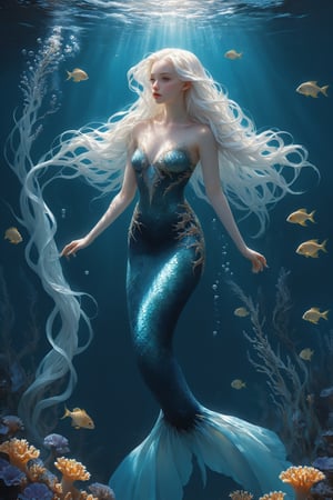 1 girl,In the depths of the ocean, a delicate and ethereal albino mermaid glides gracefully through the azure waters. Her translucent fins shimmer with iridescence as she navigates through a forest of sea anemones, their vibrant tentacles swaying like blossoms in the gentle current. Despite her otherworldly beauty, there's a sense of melancholy about her, as if she's forever searching for something just beyond her reach in the endless expanse of the sea.,underwater,ct-niji2