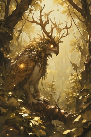 fairy tale illustrations,Simple minimum art, 
myths of another world,
pagan style graffiti art, aesthetic, sepia,Imagine a majestic Eurasian eagle-owl with mystical antlers perched gracefully in a divine forest. Sunlight filters through the canopy, casting dappled light on its feathers, which shimmer with an otherworldly glow. The owl's piercing eyes reflect,and its antlers, adorned with delicate vines and leaves, enhance its ethereal presence. The serene and sacred atmosphere,
watercolor \(medium\),jewel pet,Deformed,furry girl,dal,NeemoFairy,animaport,Imp'roveBG