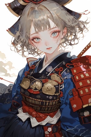 1girl,cute Face,dressed in samurai-style armor,slit pupils,mysterious, narrow, alluring eyes, She wears traditional Japanese armor reminiscent of a samurai, dark blue hakama
,The design blends elegance with strength, portraying her as a warrior princess,warrior,samurai,emo,Realistic Blue Eyes