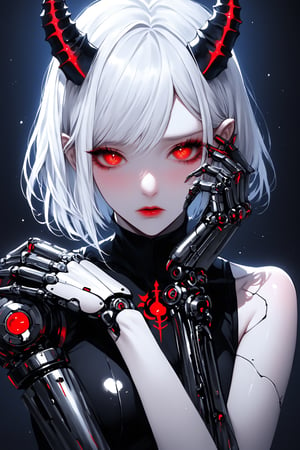 albino demon princess,gote horns, with an evil mechanical body exudes an eerie beauty. Her pale skin contrasts with her intricate, dark, metallic limbs and torso, adorned with sinister gears and glowing red eyes. This chillingly beautiful figure commands a presence that is both mesmerizing and terrifying.,sad, mechanical arms