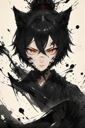Anthropomorphic Female cat,solo, rendered in sumi-e style, fierce eyes glaring intensely at viewer, face partially wrapped in tattered cloth. Bold, expressive brush strokes capturing fur texture and facial features. Dripping ink creating sense of gritty atmosphere. Minimalist background with ink splatters. Blend of traditional Japanese ink painting and dark urban aesthetic. Powerful contrast between black ink and white paper. Emanating aura of strength and defiance,ink
